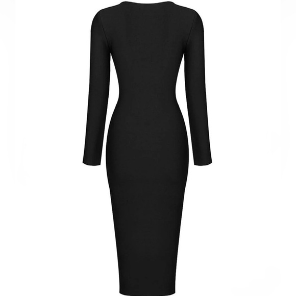 LONG SLEEVE ZIP BACK SLIT BODYCON BANDAGE MIDI DRESS - BLACK - Picture 3 of 17